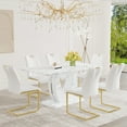 thumbnail image 1 of JUFU 63" Dining Table Set for 6, Faux Marble Table, 6 White PU Chairs, Gold Cantilever Legs, 1 of 11