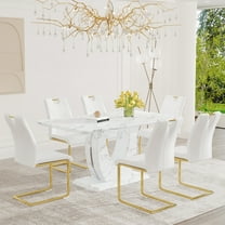 JUFU 63" Dining Table Set for 6, Faux Marble Table, 6 White PU Chairs, Gold Cantilever Legs