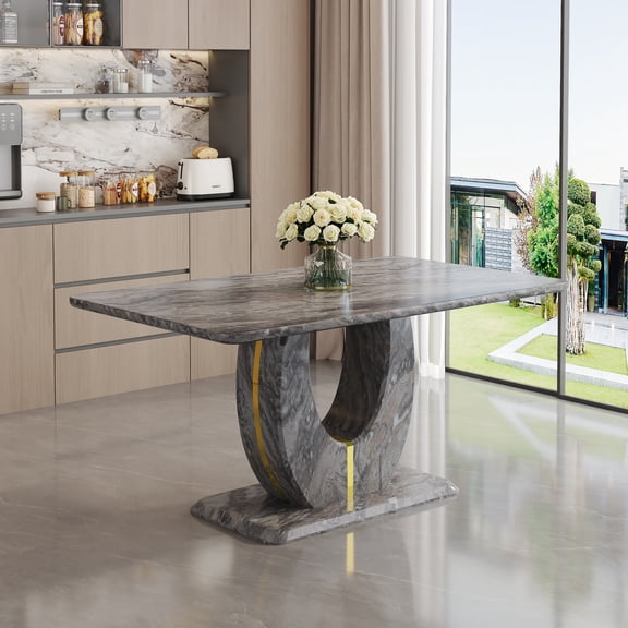 JUFU 63" Dining Table for 6, Faux Marble MDF Kitchen Dining Table, Modern Rectangular Dining Room Table with U-Shape Pedestal Base for Home Apartment