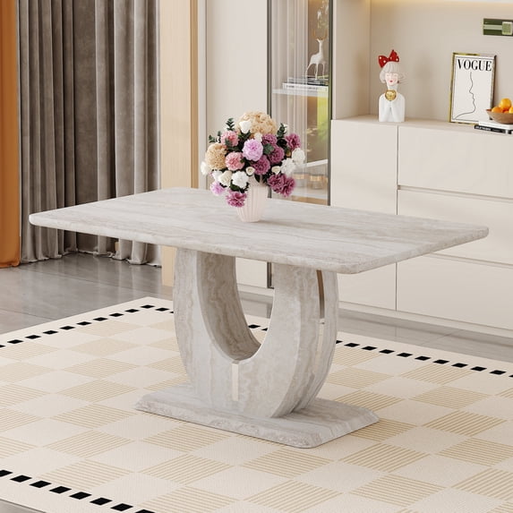JUFU 63" Dining Table for 6, Faux Marble MDF Kitchen Dining Table, Modern Rectangular Dining Room Table with U-Shape Pedestal Base for Home Apartment