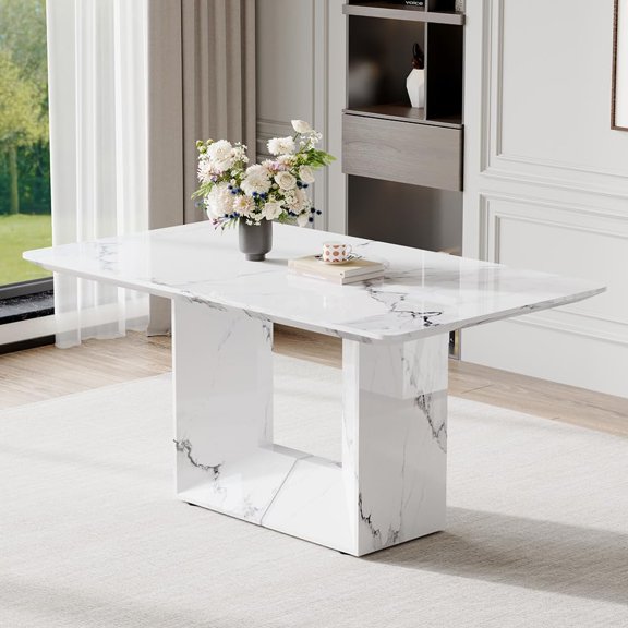 JUFU 63'' Faux Marble Dining Table, White MDF Rectangle Kitchen Table for 4–6, Modern Dining Room Table