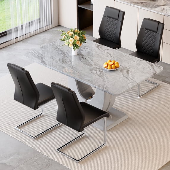 JUFU 63'' Gray Faux Marble Dining Table Set for 4, Modern Rectangle Kitchen Table and Chairs with PU Upholstered Seats, Ideal for Dining Room