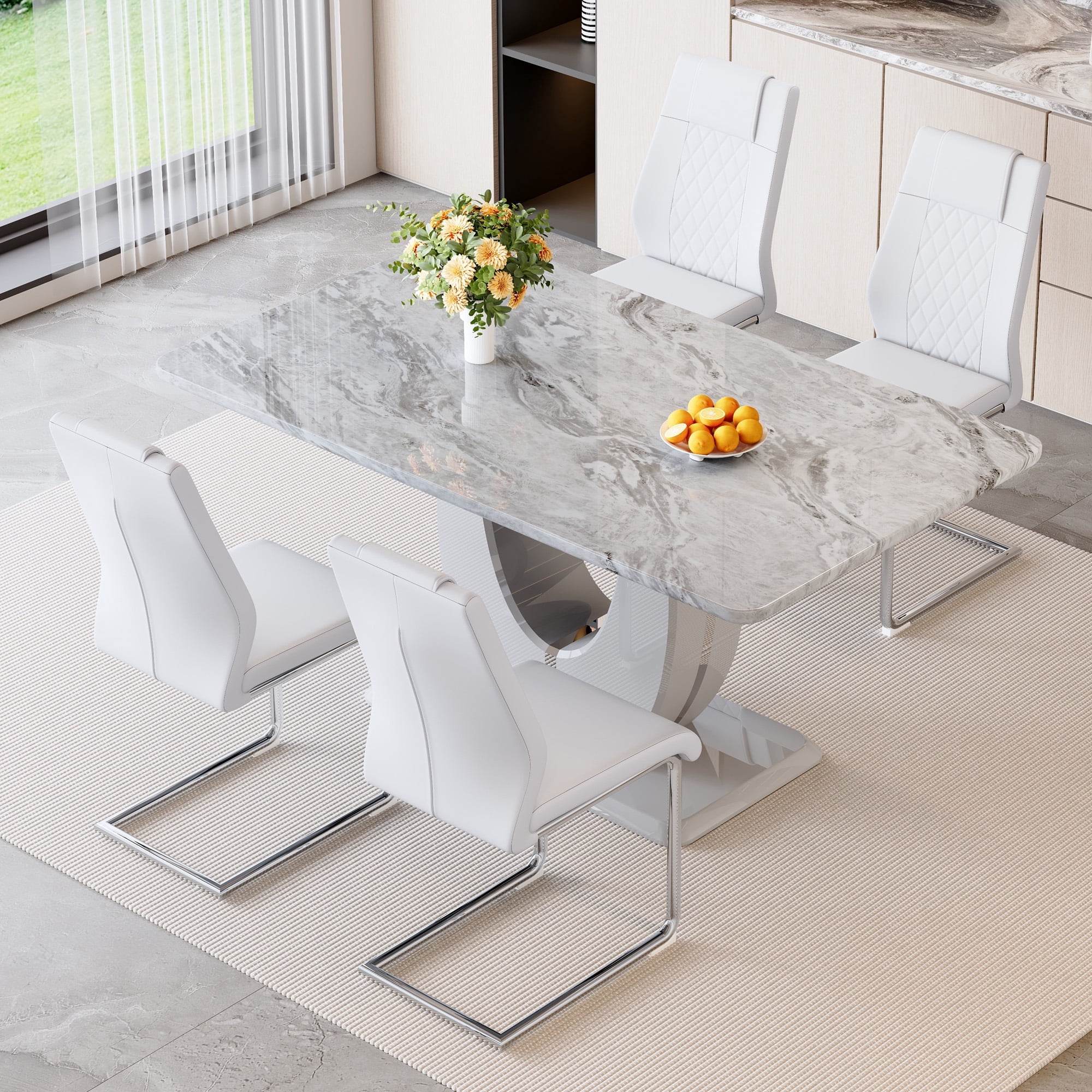 JUFU 63'' Gray Faux Marble Dining Table Set for 4, Modern Rectangle ...