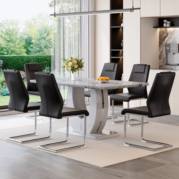 JUFU 63'' Gray Marble-Look Dining Set for 6, Contemporary Rectangular Table with 6 Upholstered Chairs, Kitchen and Dining Room Furniture