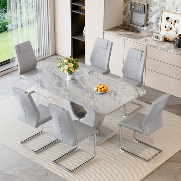JUFU 63'' Gray Marble-Look Dining Set for 6, Contemporary Rectangular Table with 6 Upholstered Chairs, Kitchen and Dining Room Furniture