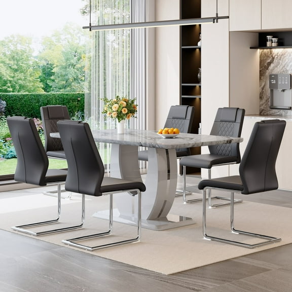 JUFU 63'' Gray Marble-Look Dining Set for 6, Contemporary Rectangular Table with 6 Upholstered Chairs, Kitchen and Dining Room Furniture