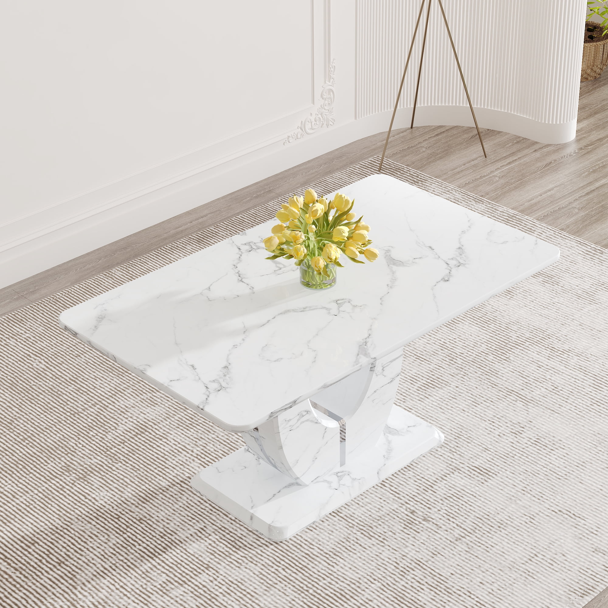 JUFU 63 Inch Faux Marble Dining Table for 6, White Rectangular Kitchen ...