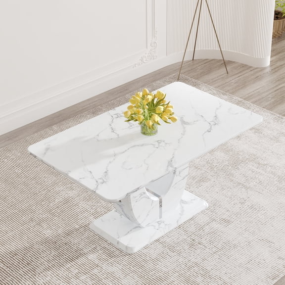 JUFU 63 Inch Faux Marble Dining Table for 6, White Rectangular Kitchen Table, Scratch-Resistant Top