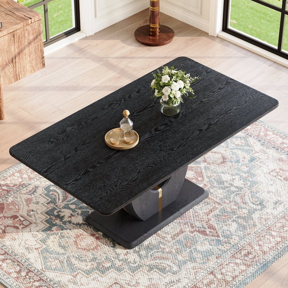 JUFU 63" Modern Dining Table for 6 , Black Wood Grain Kitchen Table with U-Shaped Base and Gold Strips, Easy Assembly Kitchen and Dining Room Table with Durable Frame, Ideal for Dining Room