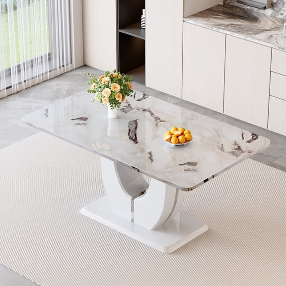 JUFU 63" White Faux Marble Dining Table with Durable MDF Top, Modern Style for Kitchen Room