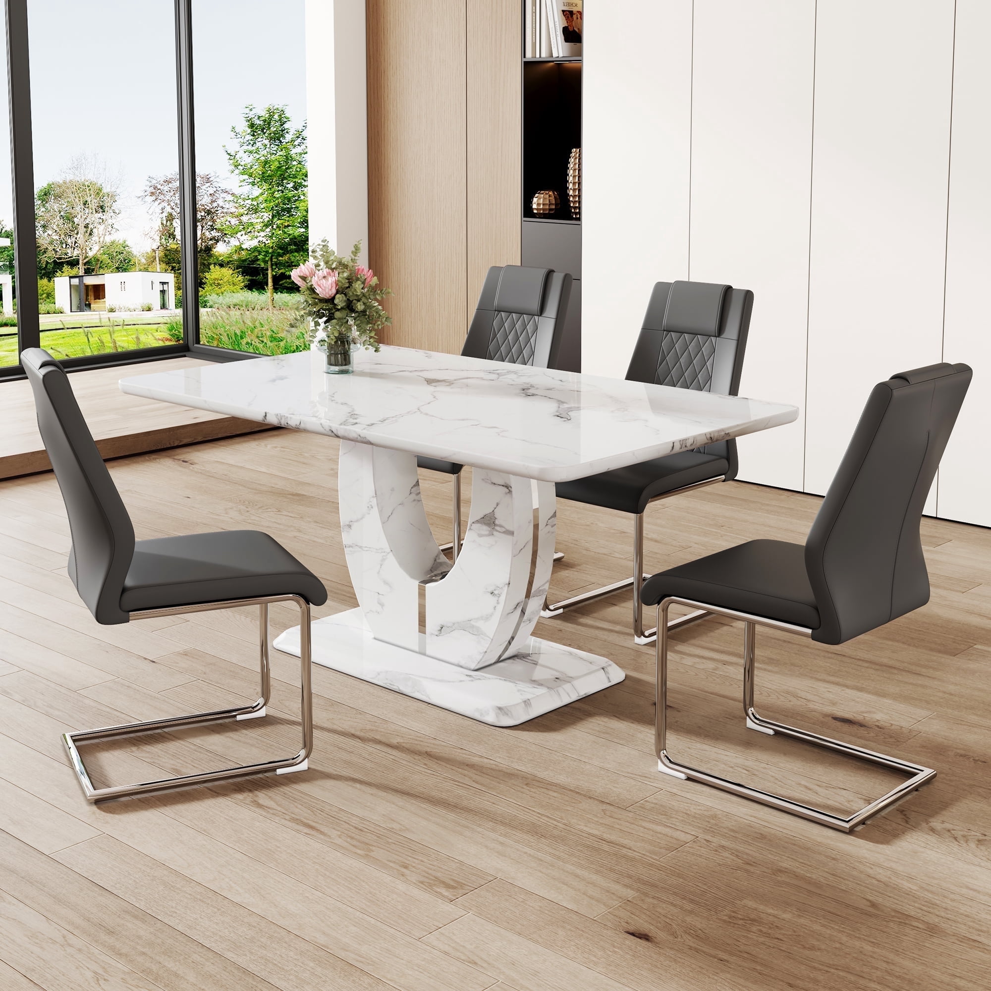 JUFU Dinner Table Set for 4, 63'' White Faux Marble Dining Table Set ...