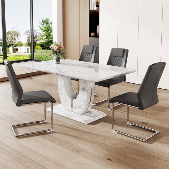 JUFU Dinner Table Set for 4, 63'' White Faux Marble Dining Table Set for 4 with PU Chairs, Modern Rectangle Kitchen Tables and Chairs Sets for 4, Ideal for Dining Room, Sturdy and Easy Assembly