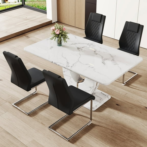JUFU Dinner Table Set for 4, 63'' White Faux Marble Dining Table Set for 4 with PU Chairs, Modern Rectangle Dining Table Set for 4 with Chairs, Ideal for Dining Room, Sturdy and Easy Assembly