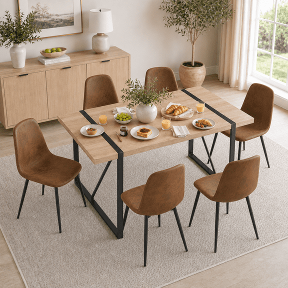 JUFU 7 Piece 55'' Wood Dining Table Set with 6 Brown Fabric Chairs, Modern Kitchen Table for Dining Room