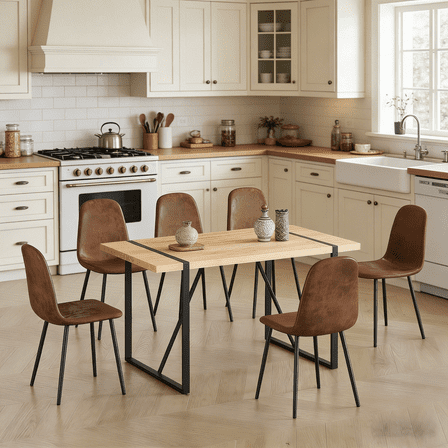 JUFU 7 Piece 55'' Wood Dining Table Set with 6 Brown Fabric Chairs, Modern Kitchen Table for Dining Room