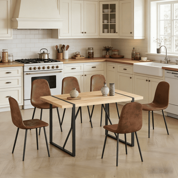 JUFU 7 Piece 55'' Wood Dining Table Set with 6 Brown Fabric Chairs, Modern Kitchen Table for Dining Room