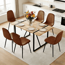 JUFU 7 Piece 55'' Wood Dining Table Set with 6 Brown Fabric Chairs, Modern Kitchen Table for Dining Room
