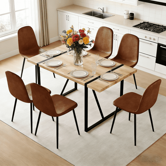 JUFU 7 Piece 55'' Wood Dining Table Set with 6 Brown Fabric Chairs, Modern Kitchen Table for Dining Room