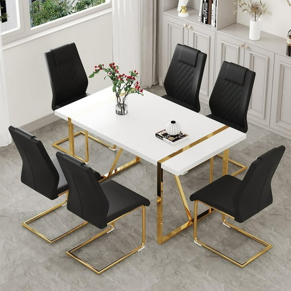JUFU 7-Piece Black PU Leather Dining Table Set with Gold Metal Legs, Modern Rectangular Kitchen Table and Chairs for Dining Room