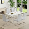 thumbnail image 1 of JUFU 7 Piece Dining Table Set for 6, 55" White Rectangular MDF Kitchen Table and 6 Light Gray PU Upholstered Dining Chairs with Arched Silver Metal Legs, Modern Dining Table Set, 1 of 7