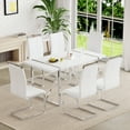 thumbnail image 1 of JUFU 7 Piece Dining Table Set for 6, 55" White Rectangular MDF Kitchen Table and 6 White PU Upholstered Dining Chairs with Arched Silver Metal Legs, Modern Dining Table Set, 1 of 7