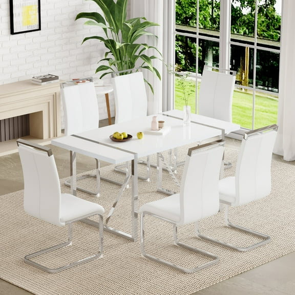 JUFU 7 Piece Dining Table Set for 6, 55" White Rectangular MDF Kitchen Table and 6 White PU Upholstered Dining Chairs with Arched Silver Metal Legs, Modern Dining Table Set