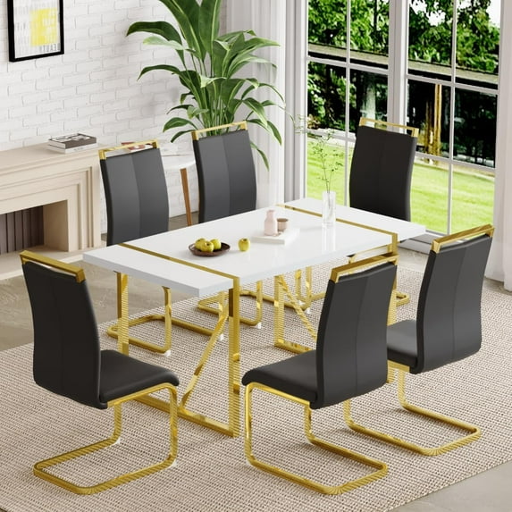 JUFU 7 Piece Dining Table Set for 6, 55" White Rectangular MDF Table with Gold Metal Legs and 6 Black PU Upholstered Chairs, Modern Dining Room Set for Home and Office