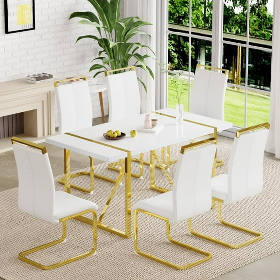 JUFU 7 Piece Dining Table Set for 6, 55" White Rectangular MDF Table with Gold Metal Legs and 6 White PU Upholstered Chairs, Modern Dining Room Set for Home and Office