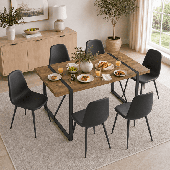 JUFU 7-Piece Dining Table Set for 6, Modern 55.1" Rectangular Dark Wood Dining Table with 6 Black PU Chairs, Industrial Dining Set with Metal Legs for Kitchen, Dining Room