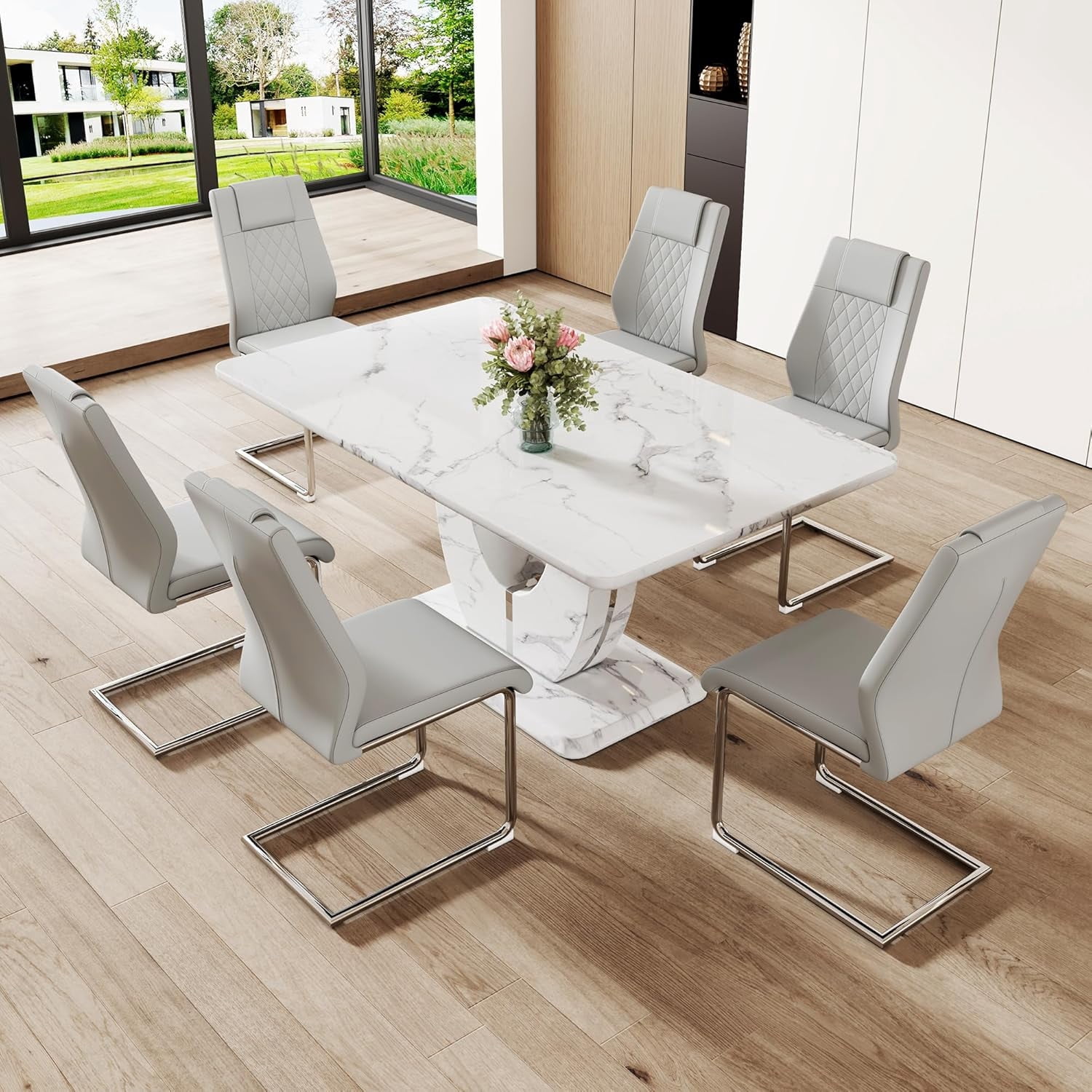 JUFU Dining Table Set for 6, 63'' White Faux Marble Dining Table with 6 ...