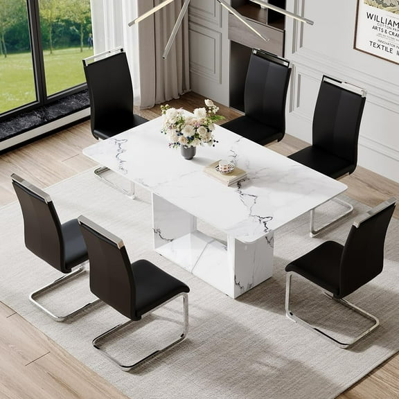 JUFU 7-Piece Dining Table Set with 63" Faux Marble Rectangle Table and 6 Black PU Leather Chairs, Modern Kitchen Table Set for Dining Room