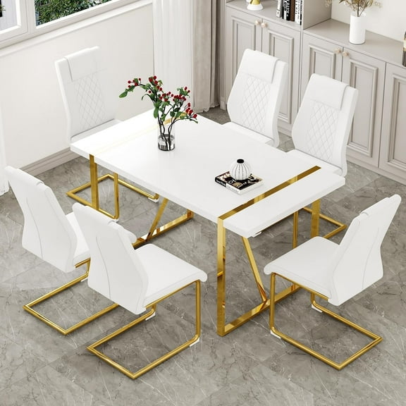 JUFU 7-Piece White PU Leather Dining Table Set with Gold Metal Legs, Modern Rectangular Kitchen Table and Chairs for Dining Room
