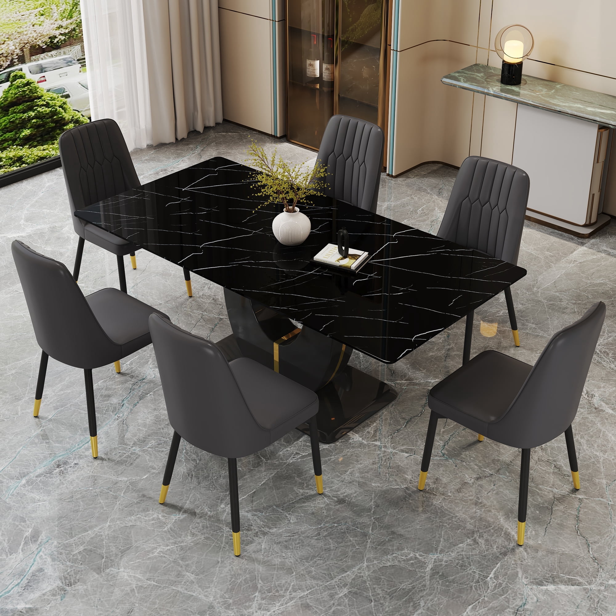 JUFU 71" Black Faux Marble Dining Table Set for 6, Modern Dining Room ...