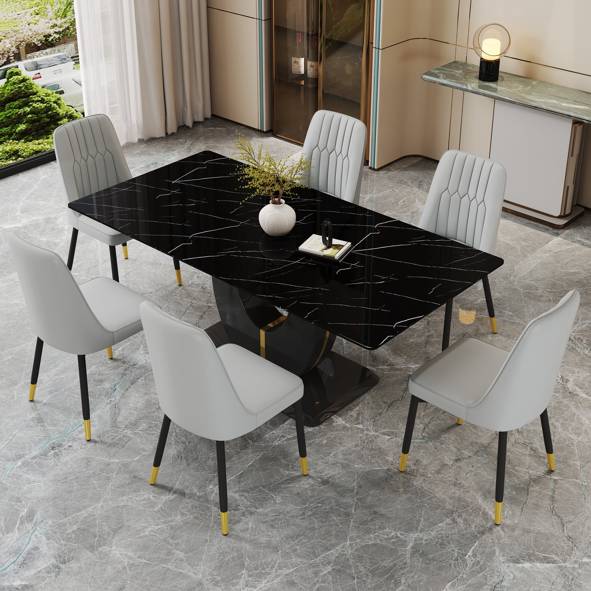 JUFU 71" Black Faux Marble Dining Table Set for 6, Modern Dining Room ...