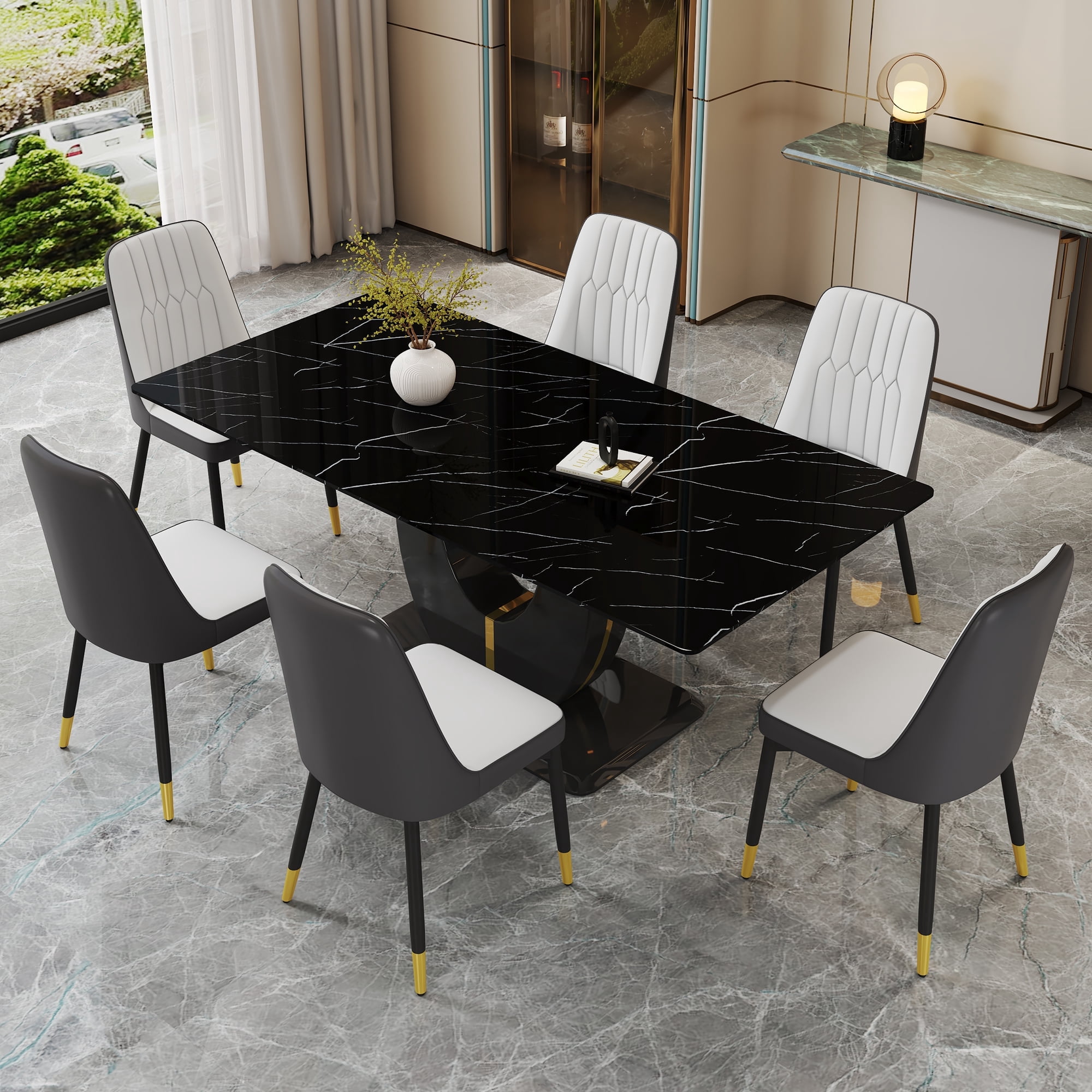 JUFU 71" Black Faux Marble Dining Table Set for 6, Modern Dining Room ...