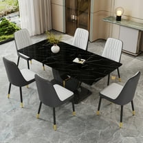 JUFU 71" Black Faux Marble Dining Table Set for 6, Modern Dining Room Table with PU Leather Chairs and Golden Legs, Elegant Dining Set for Kitchen & Living Room