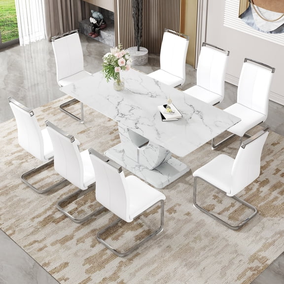 JUFU 71" Faux Marble Dining Table Set for 8, Modern Dining Table with White PU Leather Chairs and Silver Legs, Elegant Dining Room Set for Kitchen, Living Room