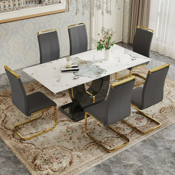 JUFU 71" Luxury White Marble Dining Table Set for 6, Modern Dining Table with 6 Gray PU Leather Chairs and Gold Metal Legs, Elegant Dining Room Table Set for Kitchen and Dining Room