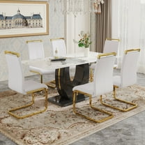 JUFU 71" Luxury White Marble Dining Table Set for 6, Modern Dining Table with 6 White PU Leather Chairs and Gold Metal Legs, Elegant Dining Room Table Set for Kitchen and Dining Room