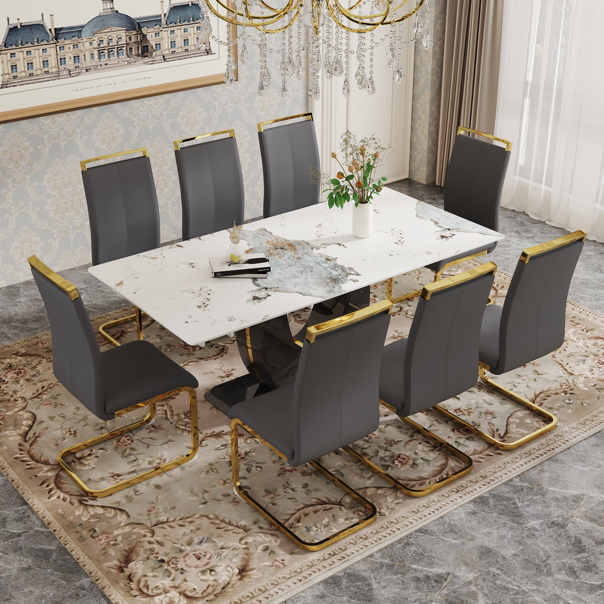 JUFU 71" Luxury White Marble Dining Table Set for 8, Modern Dining