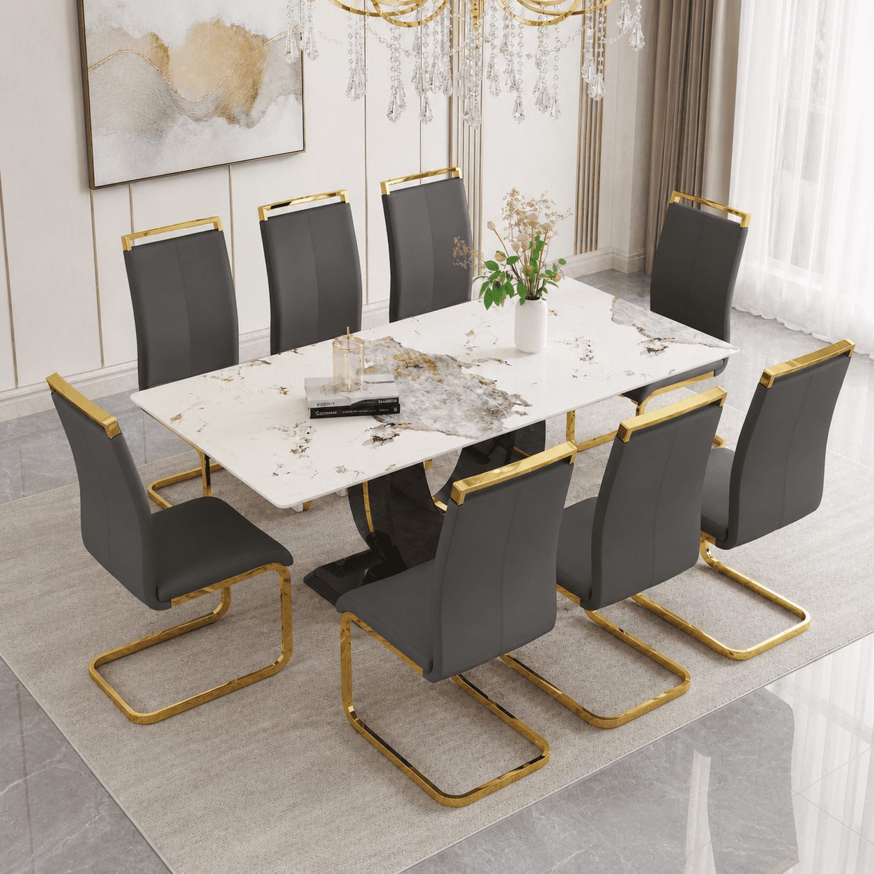 JUFU 71" Luxury White Marble Dining Table Set for 8, Modern Dining ...