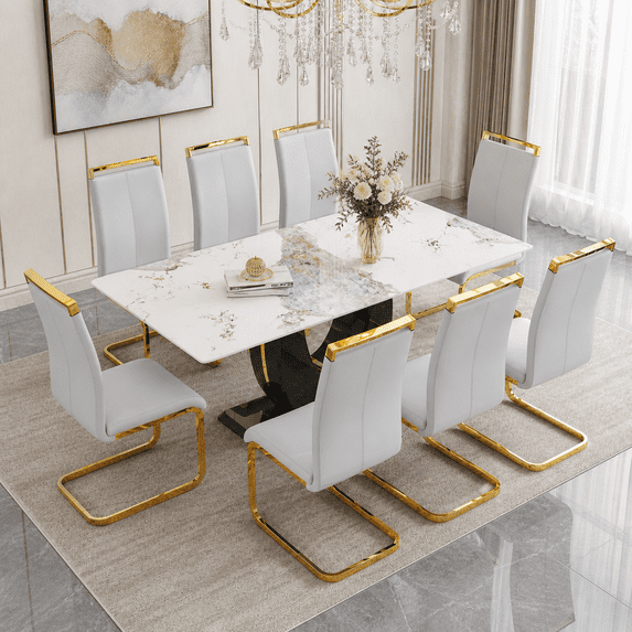 JUFU 71" Luxury White Marble Dining Table Set for 8, Modern Dining Table with 8 Light Gray PU Leather Chairs and Gold Metal Legs, Elegant Dining Room Table Set for Kitchen and Dining Room