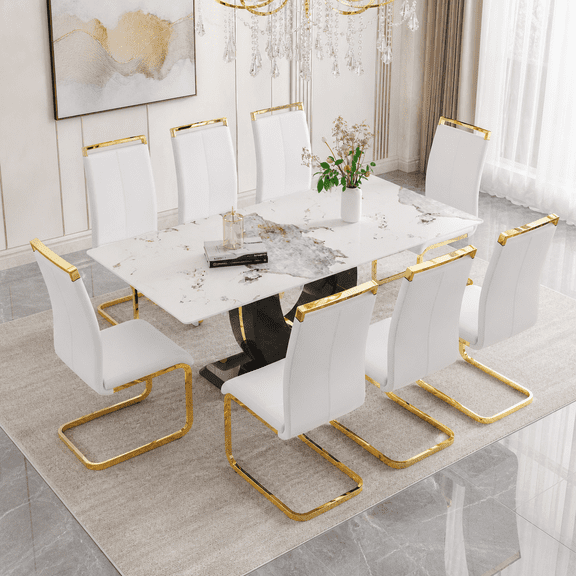 JUFU 71" Luxury White Marble Dining Table Set for 8, Modern Dining Table with 8 White PU Leather Chairs and Gold Metal Legs, Elegant Dining Room Table Set for Kitchen and Dining Room