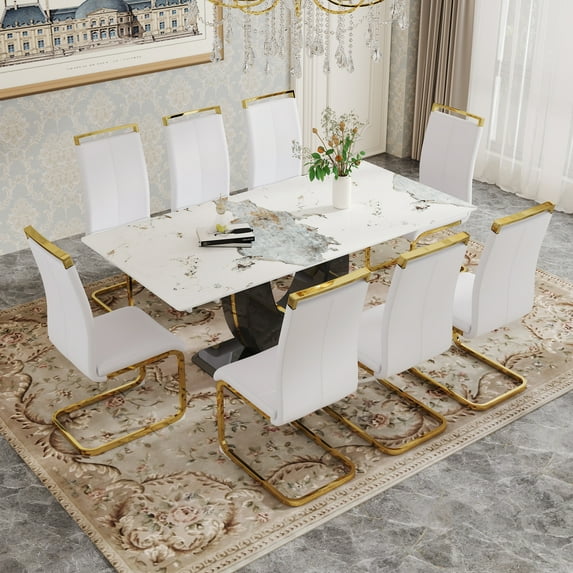JUFU 71" Luxury White Marble Dining Table Set for 8, Modern Dining Table with 8 White PU Leather Chairs and Gold Metal Legs, Elegant Dining Room Table Set for Kitchen and Dining Room
