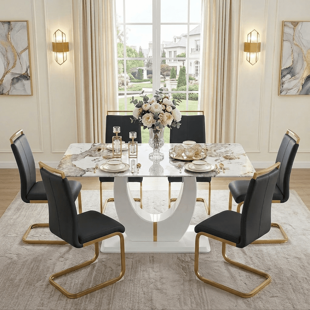 JUFU 71" Modern Dining Table Set for 6, Faux Marble Dining Table with ...
