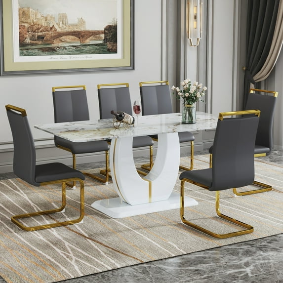 JUFU 71" Modern Dining Table Set for 6, Faux Marble Dining Table with Gray PU Leather Chairs and Gold Legs, Elegant Dining Room Set for Kitchen & Living Room