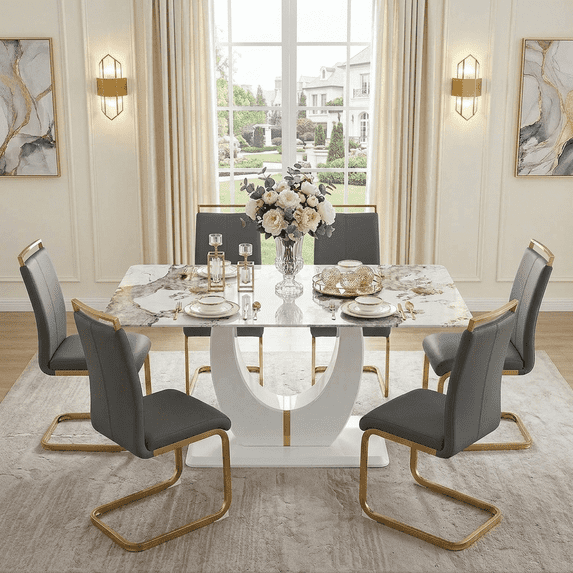 JUFU 71" Modern Dining Table Set for 6, Faux Marble Dining Table with Gray PU Leather Chairs and Gold Legs, Elegant Dining Room Set for Kitchen & Living Room