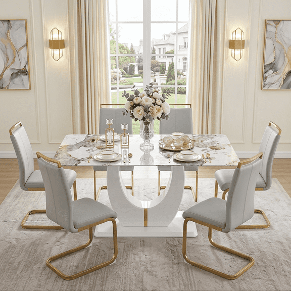 JUFU 71" Modern Dining Table Set for 6, Faux Marble Dining Table with Light Gray PU Leather Chairs and Gold Legs, Elegant Dining Room Set for Kitchen & Living Room