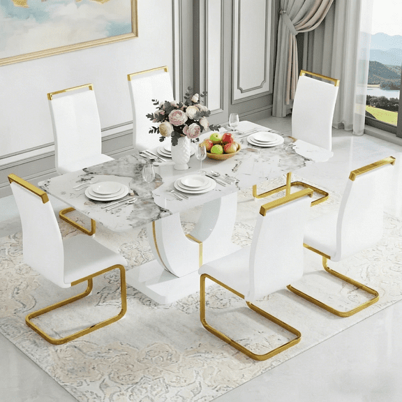 JUFU 71" Modern Dining Table Set for 6, Faux Marble Dining Table with White PU Leather Chairs and Gold Legs, Elegant Dining Room Set for Kitchen & Living Room