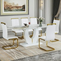 JUFU 71" Modern Dining Table Set for 6, Faux Marble Dining Table with White PU Leather Chairs and Gold Legs, Elegant Dining Room Set for Kitchen & Living Room